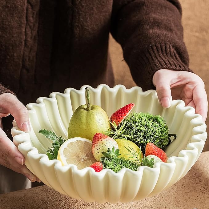 Large Decorative Bowl, White Ceramic Fruit Bowl for Kitchen Counter, Key Bowls for Entryway Table, Modern Coffee Table Home Decor, Scalloped Handmade Artwork