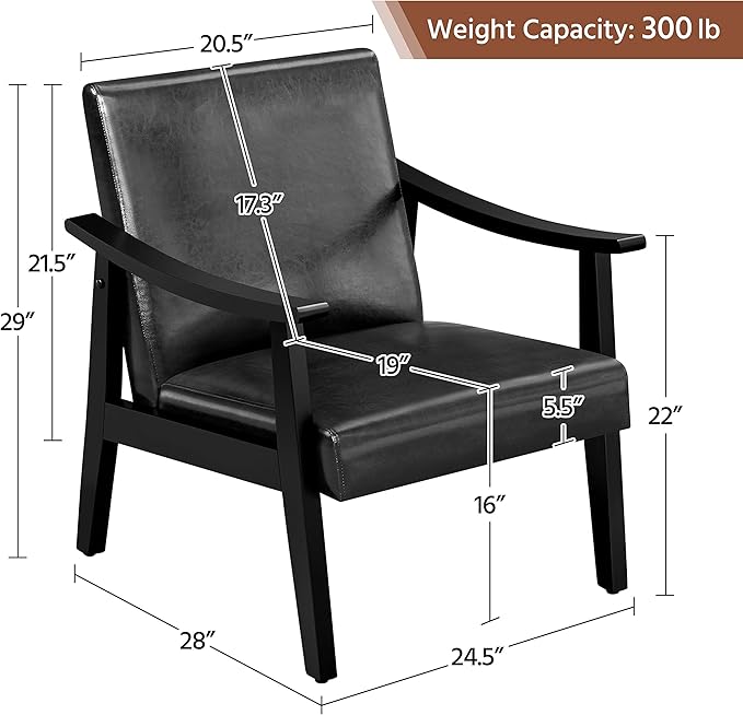 Yaheetech PU Leather Accent Chair, Mid-Century Modern Armchair with Solid Wood Legs, Reading Leisure Chair with High Back for Living Room Bedroom Waiting Room, 2 Pieces, Black