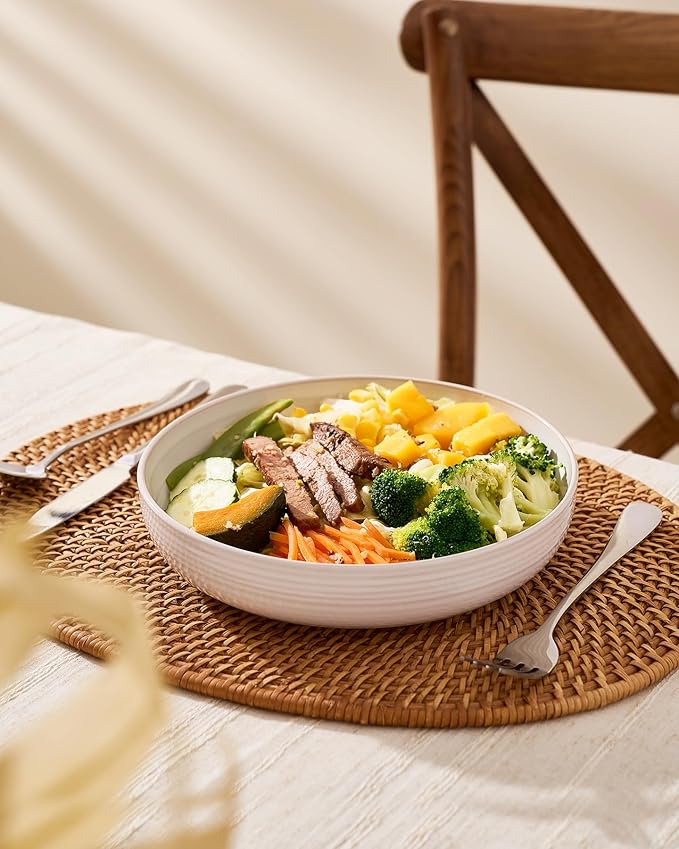 famiware Milkyway 33 oz Bowl Set, Pasta Bowls Set of 4, Salad Bowls, Double Reactive Glaze, Sturdy & Stackable, Ideal for Housewarming, Festivals, White Thread