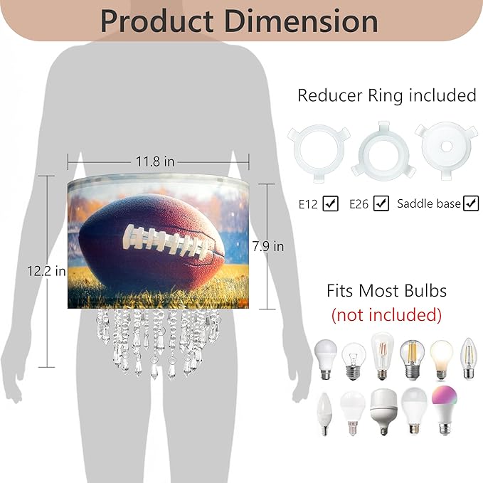 Star Vision American Football & Helmet Drum Fabric Lampshade with Acrylic Beaded Droplets, Sport Theme Light Shade for Pendant, Table, Wall & Floor Lamps, Sports Bar Decor, Man Cave Lighting