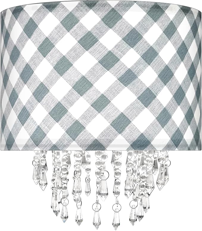 Star Vision Checkered Drum Fabric Lampshade with Crystal Beaded Droplets, Farmhouse Chic Light Shade for Pendant Table Wall & Floor Lamps, Neutral Home Decor for Bedroom Living Room Entryway