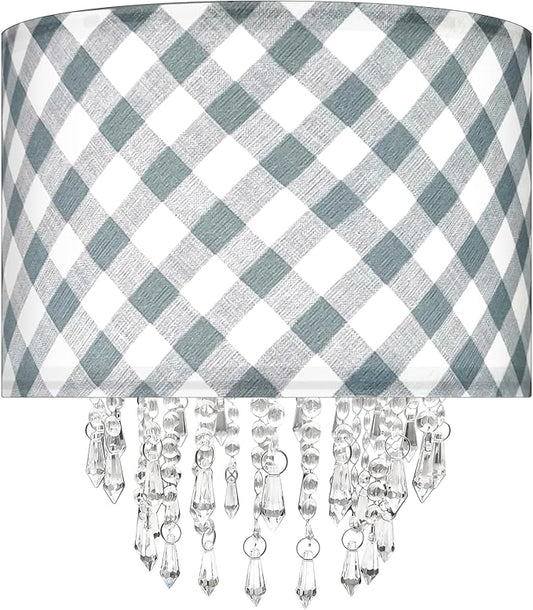 Star Vision Checkered Drum Fabric Lampshade with Crystal Beaded Droplets, Farmhouse Chic Light Shade for Pendant Table Wall & Floor Lamps, Neutral Home Decor for Bedroom Living Room Entryway