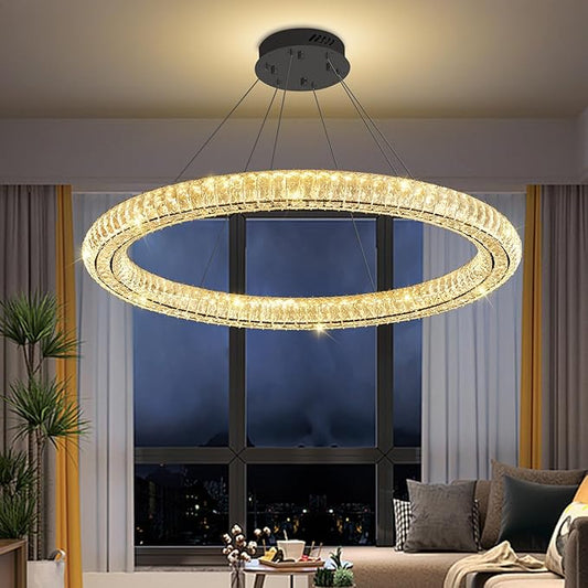 Modern Crystal Chandelier Dimmable LED 39.4" Ring Pendant Light Adjustable Black Round Crystal Chandelier Light Fixtures for Dining Room Living Room