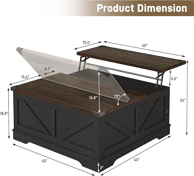 40” Large Farmhouse Lift Top Coffee Table with Power Outlets and Large Hidden Storage, Square Wood Living Room Tables, Multi-Function Lift Wooden Barn Door Center Table, Black