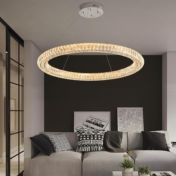 Modern Large 47.5" Ring Crystal Chandelier Dimmable LED Ring Pendant Light Adjustable Chrome Round Crystal Chandelier for Dining Room Living Room