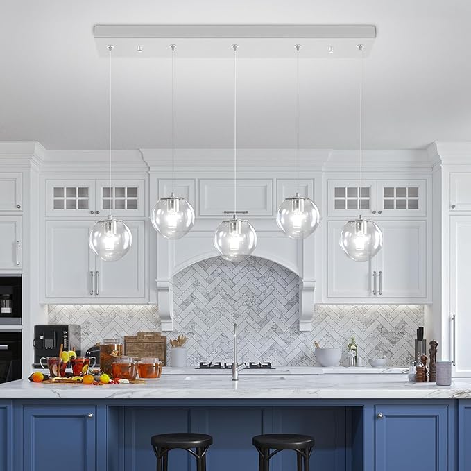 5-Lights Modern Rectangle Chandelier Globe Pendant Light,Chrome Linear Globe Chandeliers for Dining Room and Kitchen Island