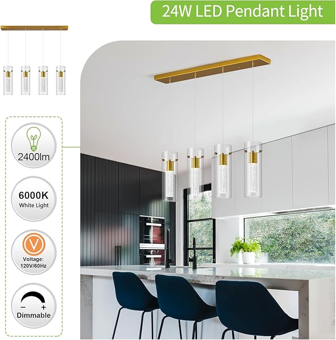 Pendant Ceiling Light Fixture for Kitchen Island, Gold Pendant Light Integrated LED Hanging Light with Crystal Bubble Glass Pendant Light Modern Pendant Lights Kitchen Island (4-Light)