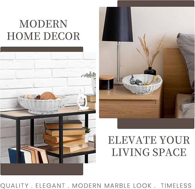 Large Decorative Bowl,Modern Handicraft Bowl for Home Decor,Decorative Fruit Bowl for Kitchen Counter,Key Bowl for Entryway Table - White Marble Design