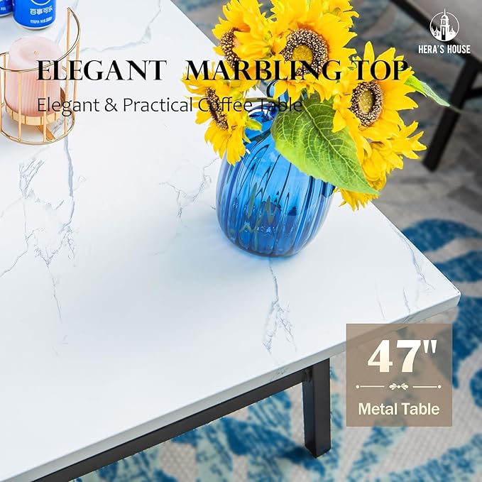 HERA'S HOUSE 4 Piece Patio Furniture Set, 2 x Metal Frame Cushioned Chair, 3-Seat Sofa with Marbling Coffee Table, All Weahter Outdoor Conversation Set for Lawn Garden Backyard, Pacific Blue