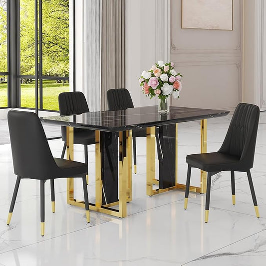 TesNus 63" Black Dining Table Set for 4 with Chairs,Modern Faux Marble Rectangular Kitchen Table and Chairs Set Luxury 5 Piece Dining Room Set with Gold Metal Legs,Easy Assemble,Stable Base