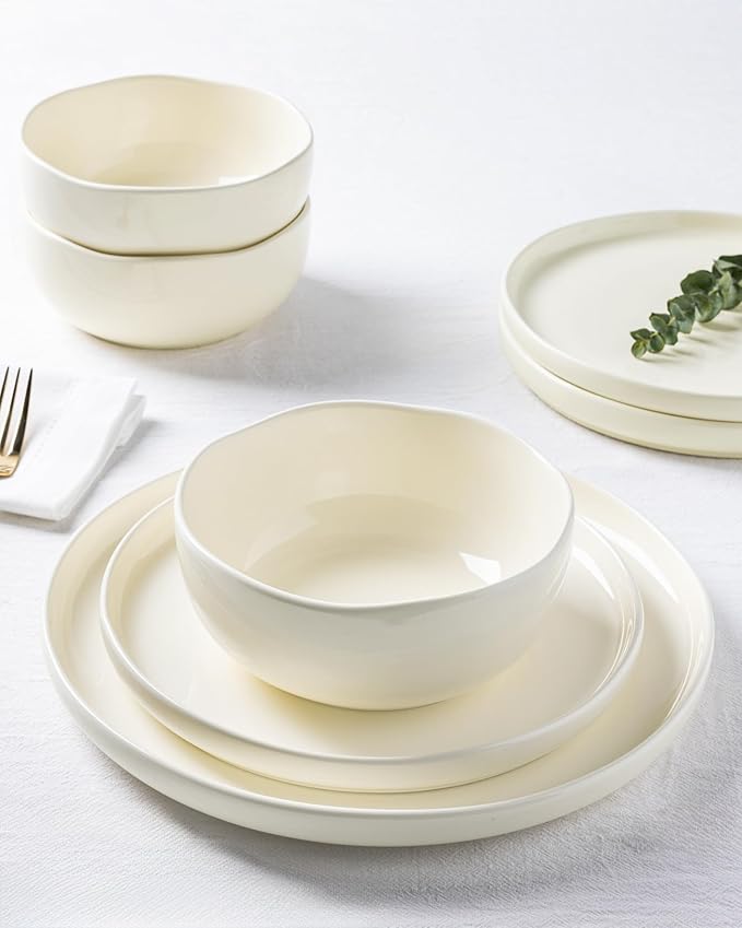 TheTerra Ceramic Dinnerware Sets for 4, 12 Pieces Porcelain Lightweight Plates and Bowls Sets, Scratch Resistant Dish Set, Oven & Microwave & Dishwasher Safe, Beige