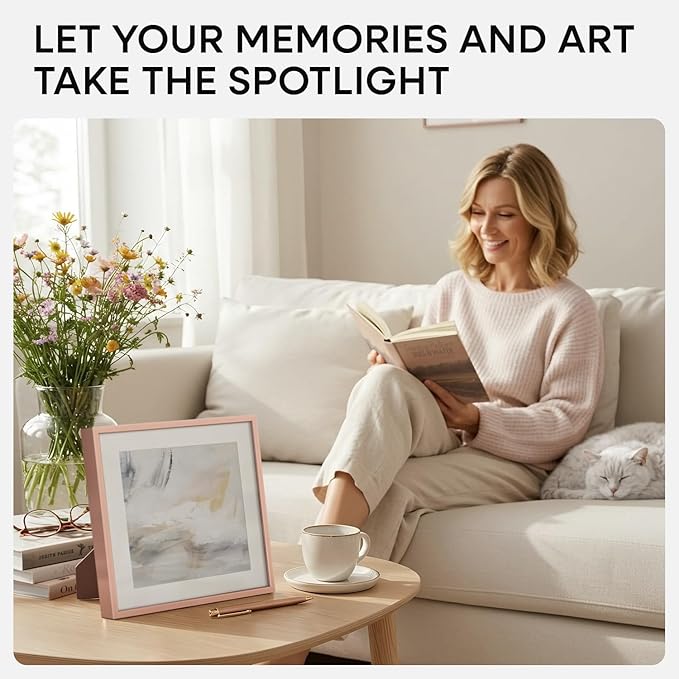 Homeforia 10x10 Picture Frame Rose Gold, High End Metal 10 by 10 Square Frames with Mat 8 x 8 Photo, 10by10 Poster Frame Matted to 8x8 Print, Wall or Tabletop Frame, Tempered Glass, Wall Kit, Set of 2