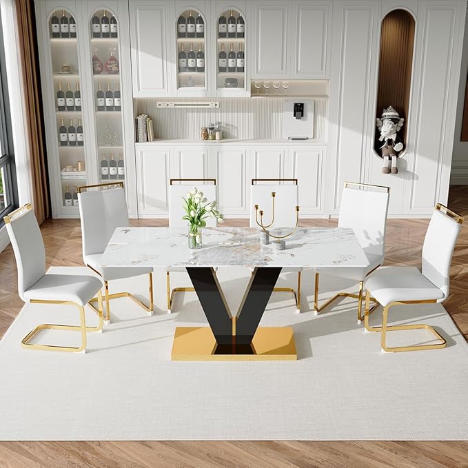 Dining Room Table Set for 6,71'' Marble Dining Table Set,Modern Kitchen Table with 6 PU Leather Chairs,Gold Dining Table Set with V-Shaped Black Glossy Pillars,Ideal for Kitchen Dining Room