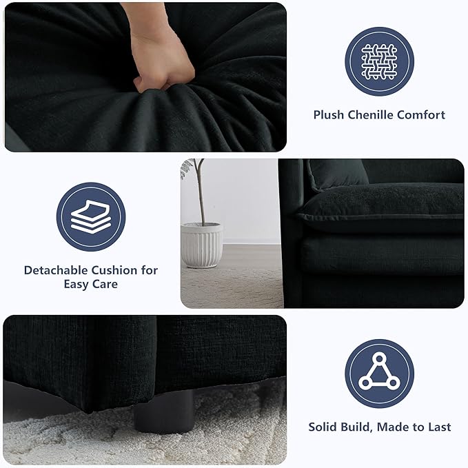 GNIXUU Oversized Accent Chair with Ottoman, Chenille Comfy Single Sofa, Modern Upholstered Lounge Reading Armchair Indoor Cloud Couch with Deep Seat & Pillow for Living Room Bedroom Apartment, Black