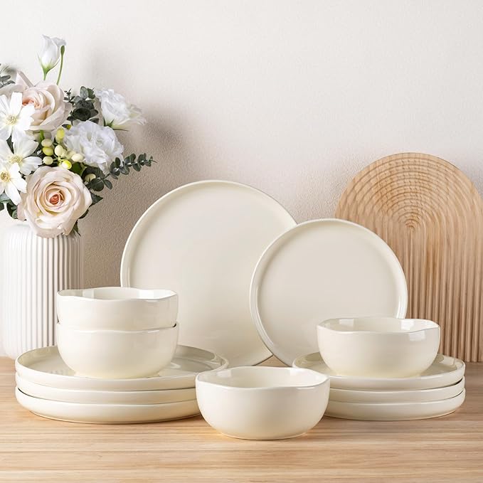 TheTerra Ceramic Dinnerware Sets for 4, 12 Pieces Porcelain Lightweight Plates and Bowls Sets, Scratch Resistant Dish Set, Oven & Microwave & Dishwasher Safe, Beige