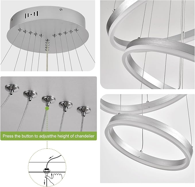 5-Rings Modern LED Chandelier Silver High Ceiling Chandelier with Remote Control Dimmable Pendant Lighting for Dining Room Foyer Living Room Entryway Staircase(3000K-6500K, D23.6’’)