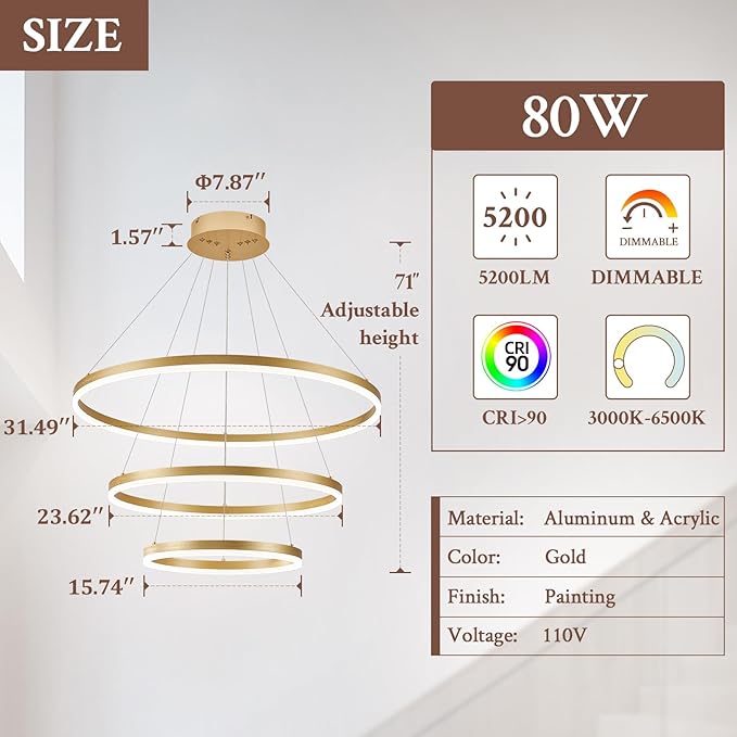 3-Rings Modern LED Chandelier Gold, Dimmable Pendant Lighting with Remote Control Circular Flush Mount High Ceiling Light for Living Room Dining Room Foyer, 3000K-6500K D31.5’’