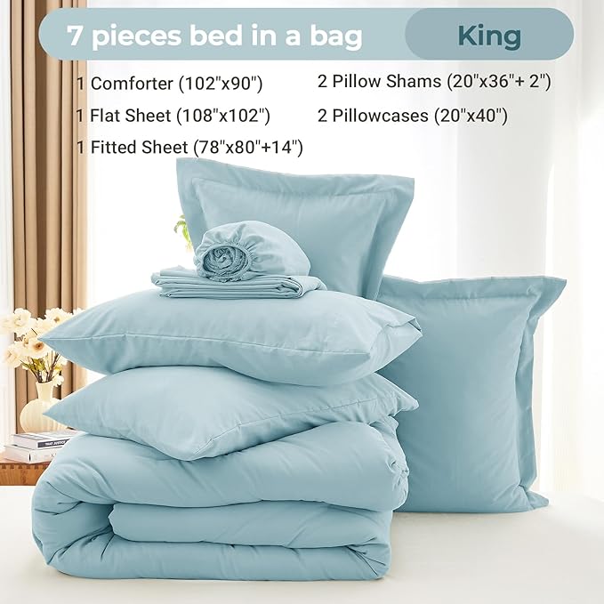 MUXHOMO 7 Pieces King Comforter Set, Soft Bed in a Bag King Size, All Season Bedding Set with Comforter, Flat Sheet, Fitted Sheet, Pillowcases & Shams, Lake Blue