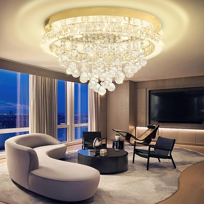 24" Modern Crystal Chandeliers for Dining Room Gold Ceiling Chandelier Flush Mount Crystal Ceiling Light for Bedroom Living Room Hallway