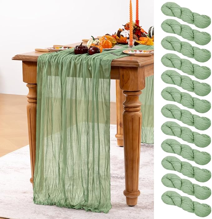 Sage Green Cheesecloth Table Runner 12 Pack Fall Table Runners Boho Gauze 120 Inches Sage Cheese Cloth Fall Table Decorations for Thanksgiving Wedding Bridal Baby Shower Tea Party