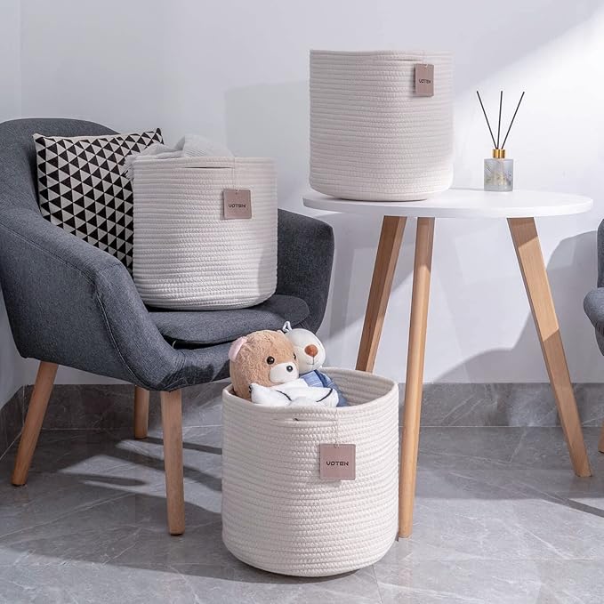 voten Storage Cubes Bins Organizer 11x11x11'' Fit 12x12''Cube Storage Bookcases Shelves,Durable Woven Cotton Basket for Organizing,Round 3Pack Off White