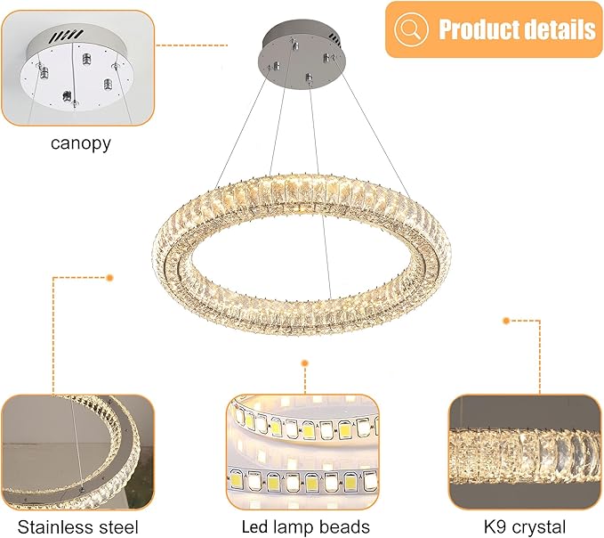Modern Crystal Chandelier Dimmable LED 23.6" Ring Pendant Light Adjustable Round Chrome Crystal Chandelier Light Fixtures for Dining Room Living Room
