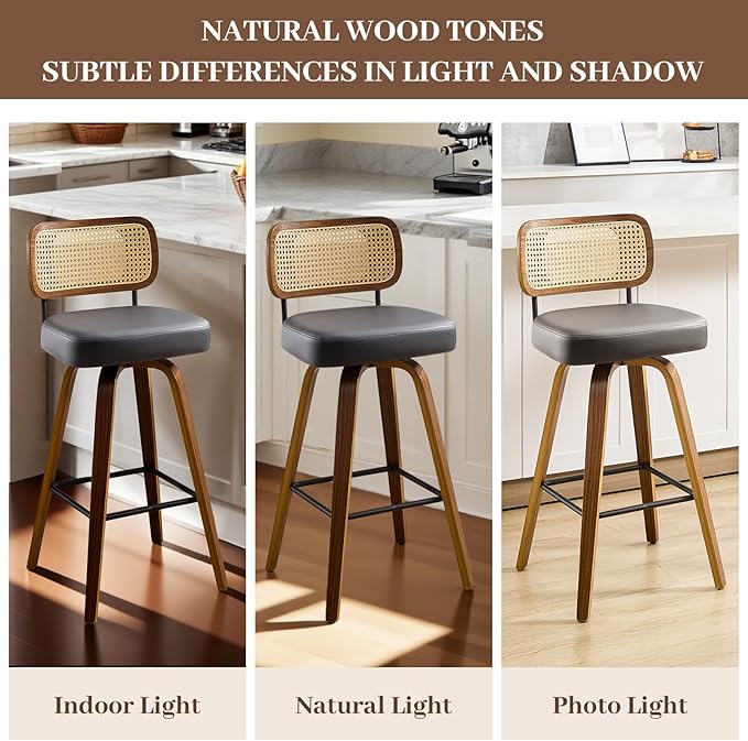 Swivel Counter Height Bar Stools Set of 4, Upholstered Faux Leather Barstools with Rattan Back, 26" Seat Height Bar Chairs for Kitchen Island, Bentwood Wood Frame, Grey