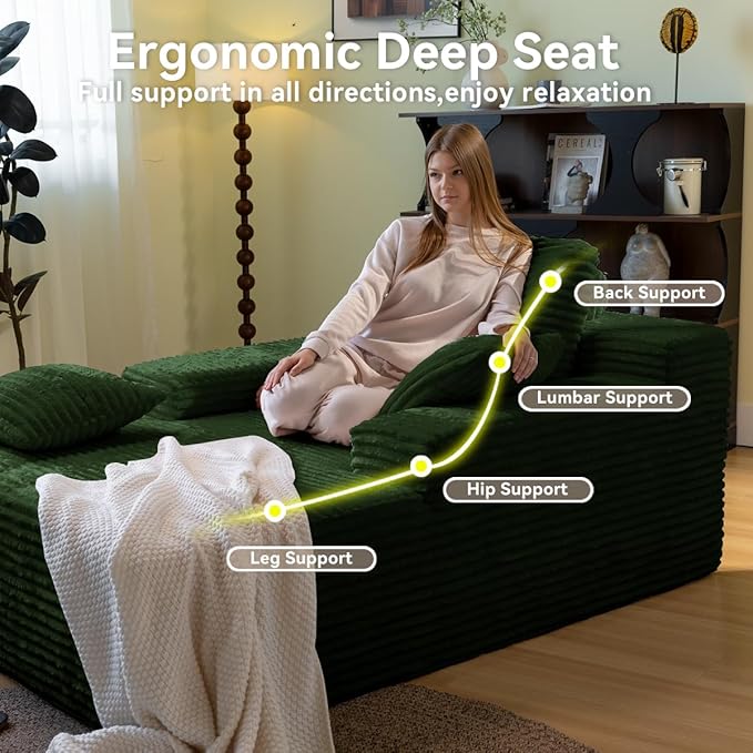 67" Oversized Chaise Lounge Chair Indoor, Cloud Couches for Living Room, Corduroy Sleeper Sofa Bed, No Assembly Required, Deep Seat Lounge Chair with Pillows Green
