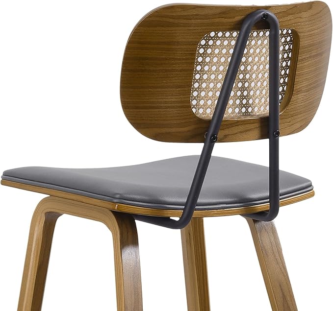 Counter Height Bar Stools Set of 4, Mid Century Modern Counter Stools, 26" Wood Kitchen Stool PU Leather Upholstered Barstools with Rattan Back, Counter Height Island Dining Bar Chair, Grey