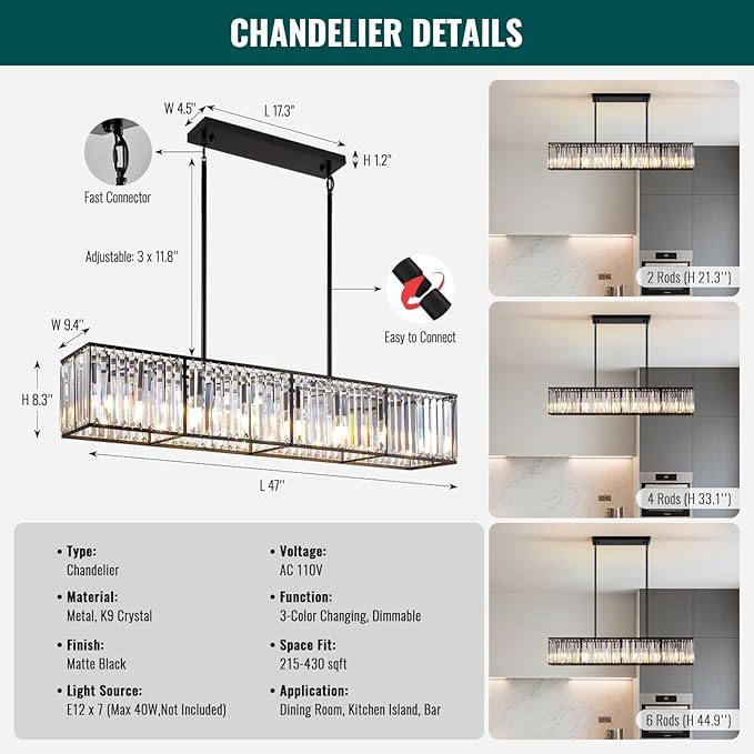 Siljoy Modern Crystal Chandelier for Dining Room, 7 Lights Black Large Rectangular Farmhouse Crystal Chandelier Industrial Linear Pendant Ceiling Light for Living Room Kitchen Island Bar L47''
