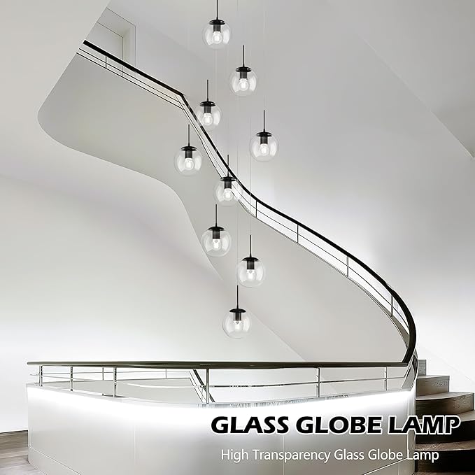 KoKo&Yukina 9-Light Globe Glass Pendant Light Adjustable Length Pendant Lights Fixtures Modern Black Clear Globe Glass Chandelier High Ceiling Lights Fixtures for Foyer Staircase (Bulb & Remote Incl)