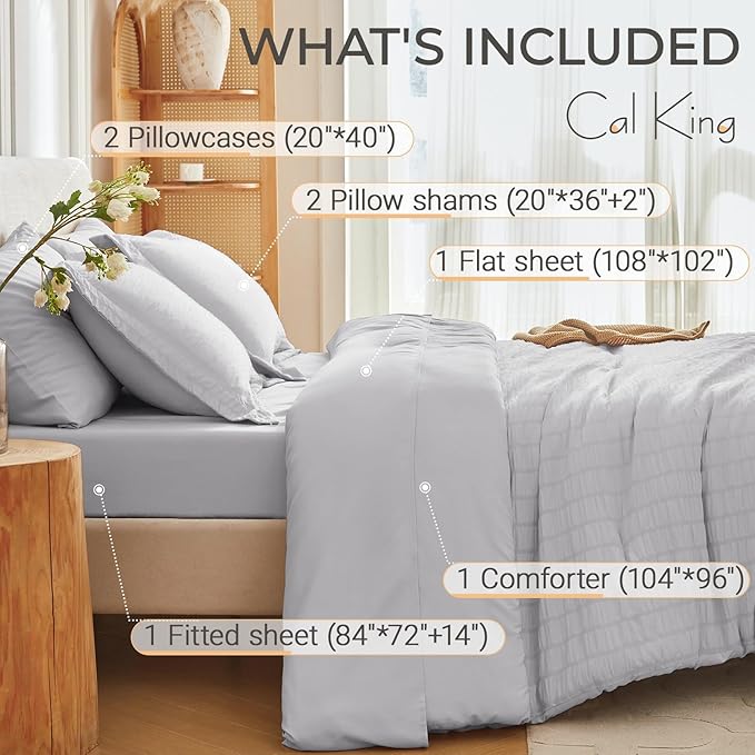MUXHOMO 7 Pieces California King Comforter Set, Seersucker Bed in a Bag Cal King Size, All Season Luxury Bedding Set with Comforter, Flat Sheet, Fitted Sheet, Pillowcases & Shams, Light Grey