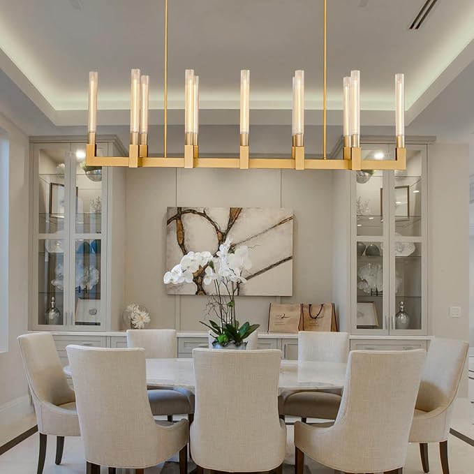 68-Inch 12-Light Gold Modern Chandelier with Knurled Glass Tube Shades, Rectangular Luxury Ceiling Pendant Light Fixture for Dining Room, Living Room, or Foyer.