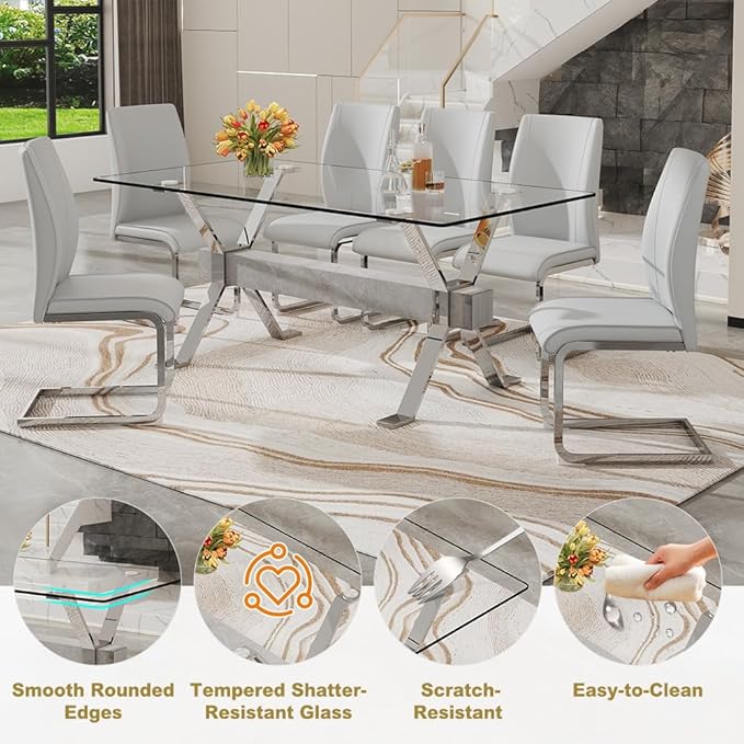 71'' Glass Dining Table Set for 6,7 Piece Dining Table Set with Tempered Glass Tabletop and Open‑Frame X‑Shaped Metal Base,Kitchen Table and Chairs Ideal for Dining Room&Home Office