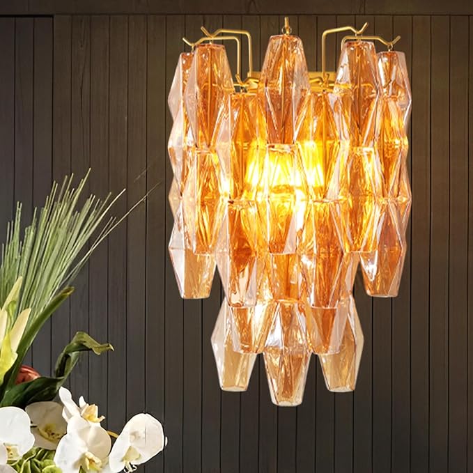 Brass Wall Sconce, 2-Light Amber Glass Sconce Wall Lighting, Gold Wall Light Vanity Light for Bathroom, Wall Lamp for Living Room, Bedroom,Vanity, Stairs, Hallway, Farmhouse