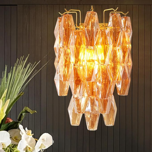 Brass Wall Sconce, 2-Light Amber Glass Sconce Wall Lighting, Gold Wall Light Vanity Light for Bathroom, Wall Lamp for Living Room, Bedroom,Vanity, Stairs, Hallway, Farmhouse