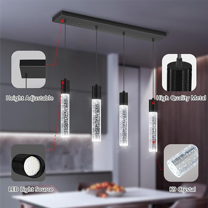 4-Lights Mini Modern Crystal Chandeliers for Kitchen Island Pendants Lighting Fixture LED Ceiling Light for Dining Room Bedroom Foyer 6000K