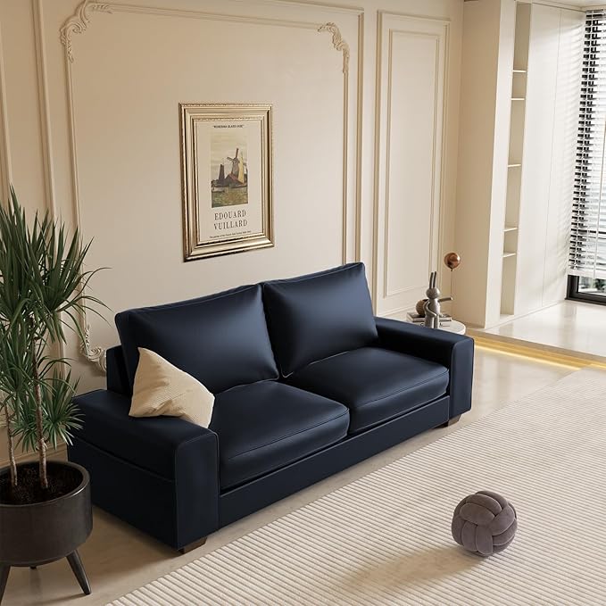 Faux Leather Couch, Mid Century Modern Comfy Loveseat Sofa with Wide Arm, Side Pockets, Solid Wooden Frame for Office, Living Room and Bedroom, 2 Seater (Blue, 71.25 inches)