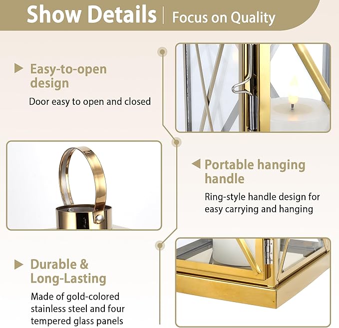 TRIROCKS Gold Stainless Steel Lantern Set of 3-Square Elegance 8/12/16 Inch Opulent Metal Candle Lanterns Candle Holder with Tempered Glass for Home Garden Indoor Outdoor Decor Celebratory Everyday