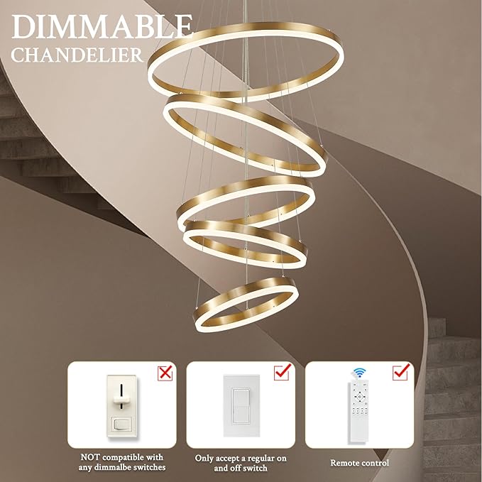 Modern LED Chandelier for Foyer Dimmable Gold High Ceiling Chandeliers Foyer with Remote Control for Entryway Dining Room Living Room Staircase, 3000K-6500K(5-Rings D23.6’’)