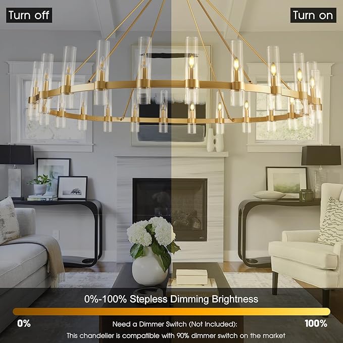 Gold Wagon Wheel Chandelier, 70 Inch Glass Chandeliers, 24 Light Chandelier for High Ceiling, Modern Farmhouse Chandeliers for Living Room, Dining Room, Entryway, Stairwell(Bulbs Included)