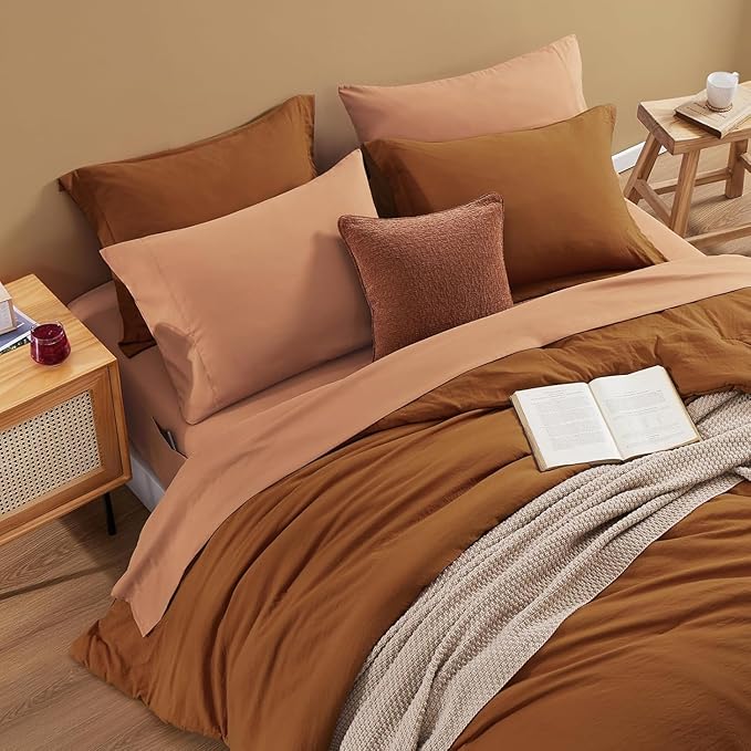 WRENSONGE Queen Comforter Set- 7 Pieces Terracotta Bed in a Bag Queen with Fitted Sheet, Flat Sheet, 2 Shams, and 2 Pillowcases- Warm Bedding Sets for All Season