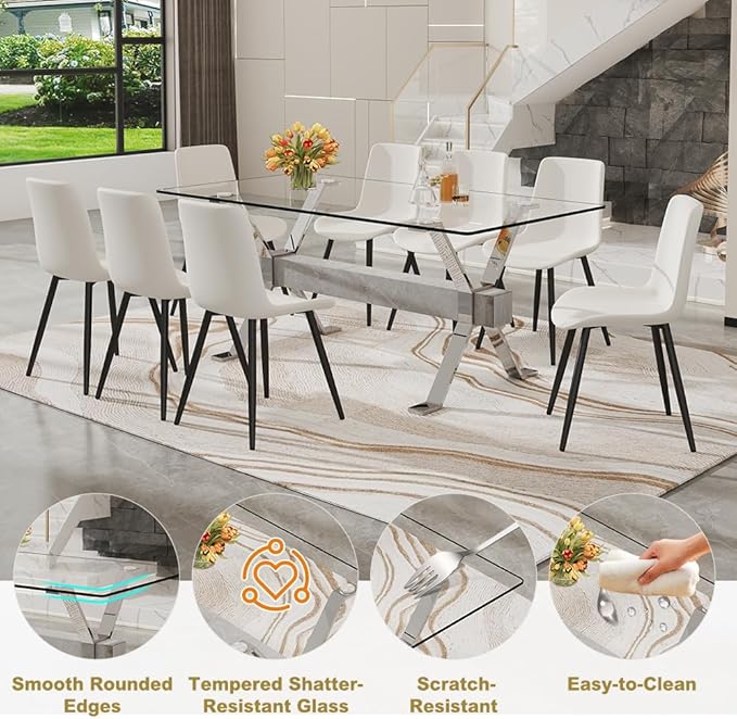 71'' Glass Dining Table Set for 8,9 Piece Dining Table Set with Tempered Glass Tabletop and Open‑Frame X‑Shaped Metal Base,Kitchen Table and Chairs Ideal for Dining Room&Home Office