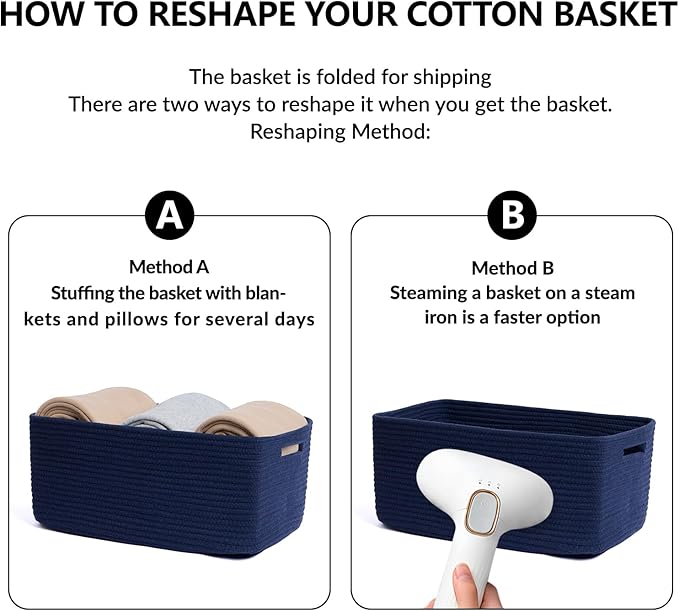 Large Storage Baskets for Organizing, Closet Shelf Baskets for Clothes Blanket Towels, Baby Nursery, Toy Bins Box, Woven Rope Baskets, 17 x 13 x 7.5”, 4 Packs Navy Blue