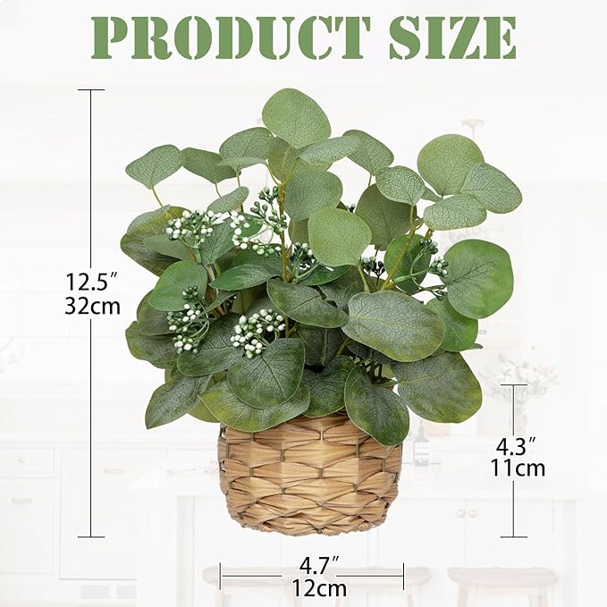 DILATATA Artificial Eucalyptus Stems in Woven Basket Planter, 12" Fake Plant Eucalyptus Leaves with Green Seeds Faux Potted Plant Greenery for Table Centerpiece Office Indoor Home Decor