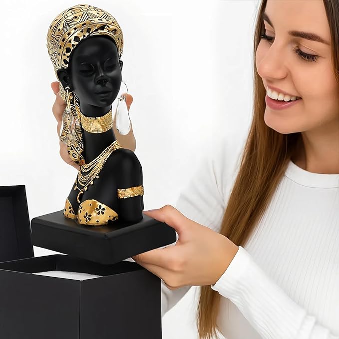 African Woman Resin Bust Sculpture with Crystal Earrings – Tribal Lady Figurine in Gold Headdress for Home Decor, Black and Gold Accent Statue for Shelf, Table, Office, Gift for Women