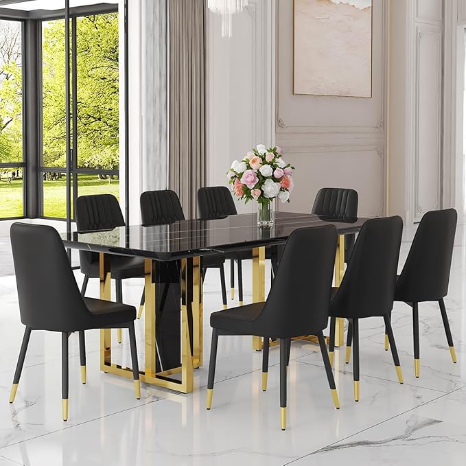 TesNus 79" Black Dining Table Set for 8 with Chairs,Large Faux Marble Kitchen Table and Chairs Set Rectangular 9 Piece Dining Room Set with Gold Metal Legs,Easy Assemble,Stable Base