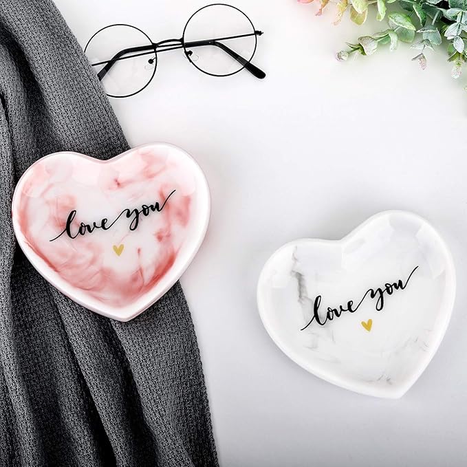 Jewelry Tray Dish, Heart Shaped Ring Dish Decorative Trinket Plate with Words - Love You Romantic Gifts for Her Mom Daughter Sister Best Friend, White Marble