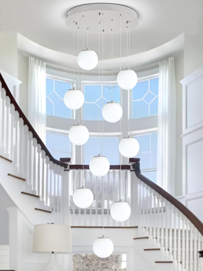 H118 Large Chandeliers for High Ceilings,12-Lights Mid Century Globe Chandelier Silver Modern Globe Pendant Light for Entryway Villas and Stairs