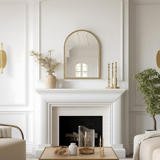 WallBeyond Gold Vintage Mirror for Vanity 22x30 Inch, Gold Antique Mirror with Ornate Beaded Frame for Bathroom, Living Room, Fireplace, Entryway